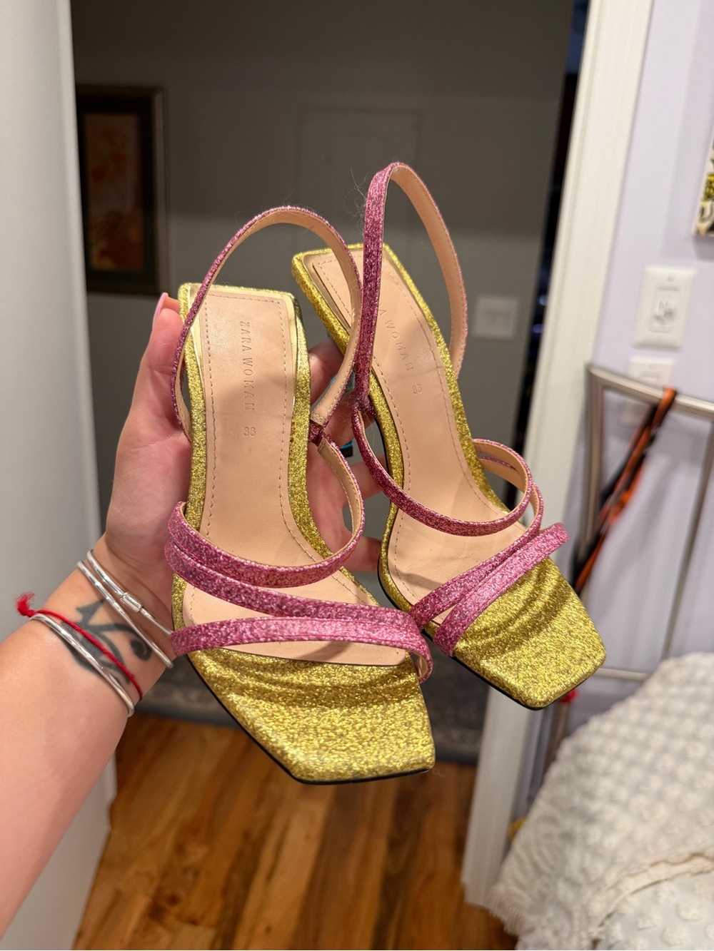 Very rare Zara Glitter Slingback Sandals in Gold and Pink